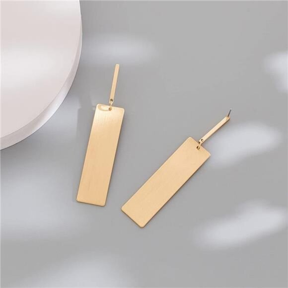 โจ Minimalist Rectangle Drop Earrings | Gold Brass Bar Dangle Earrings - Picture 4 of 4
